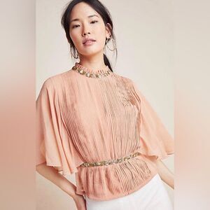 Anthropologie Varun Bahl Claudia Embellished Blouse in Peach Chiffon